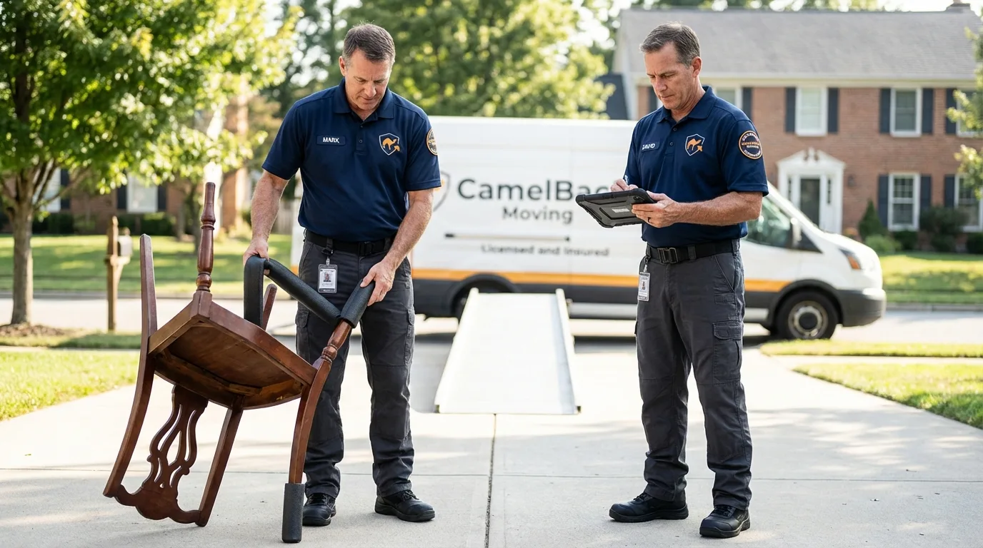 Movers inspecting furniture for damage prevention before loading in Simpsonville, KY