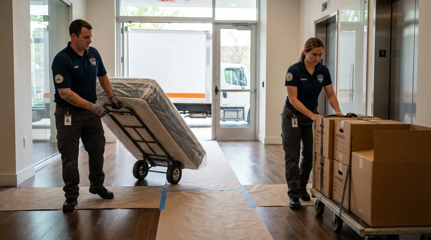 Professional apartment movers loading elevator in Simpsonville, KY